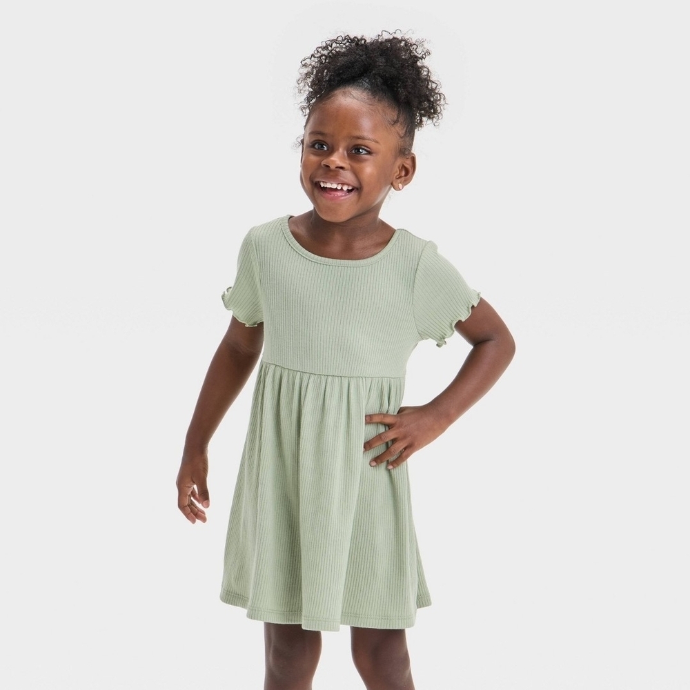 Cat & Jack Toddler Girls OLIVE Green Ribbed Short-Sleeve Dress Size 5T NWT!